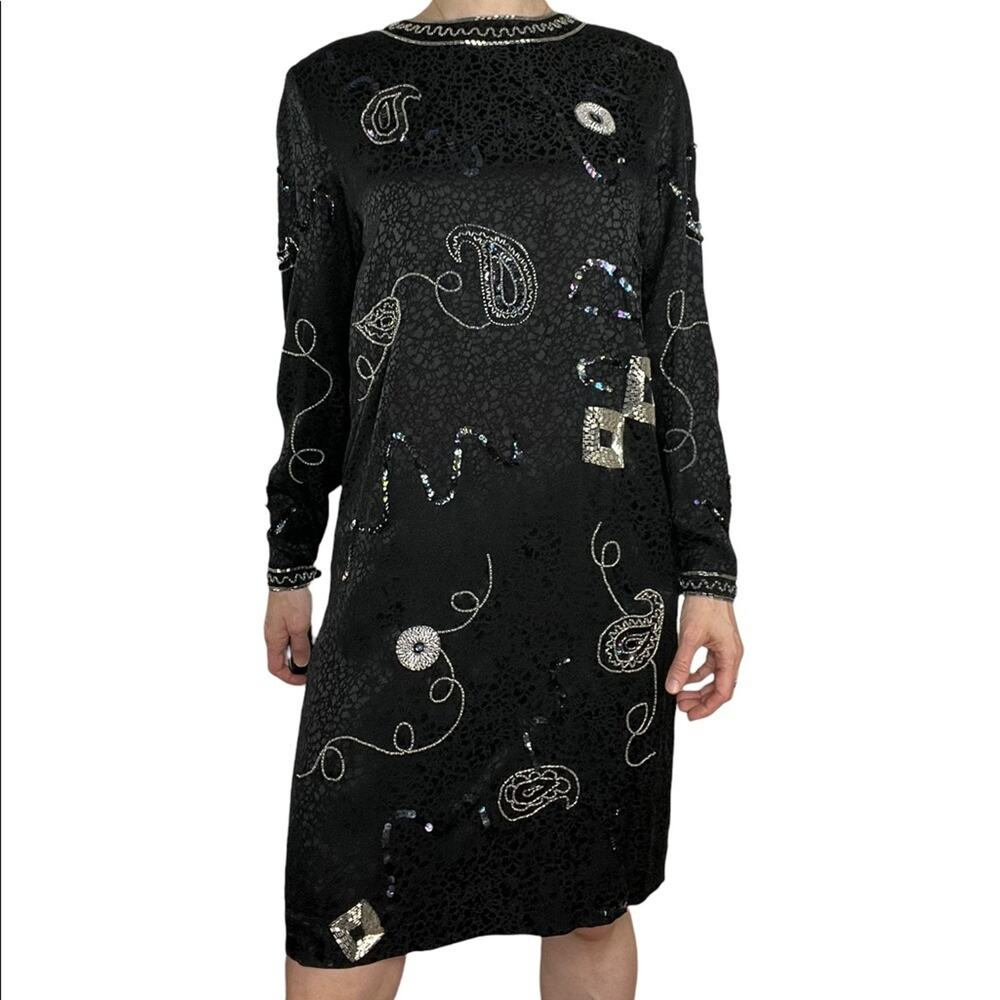 Vintage Black Paisley Sequin Beaded Long Sleeve‎ Cocktail Party Dress